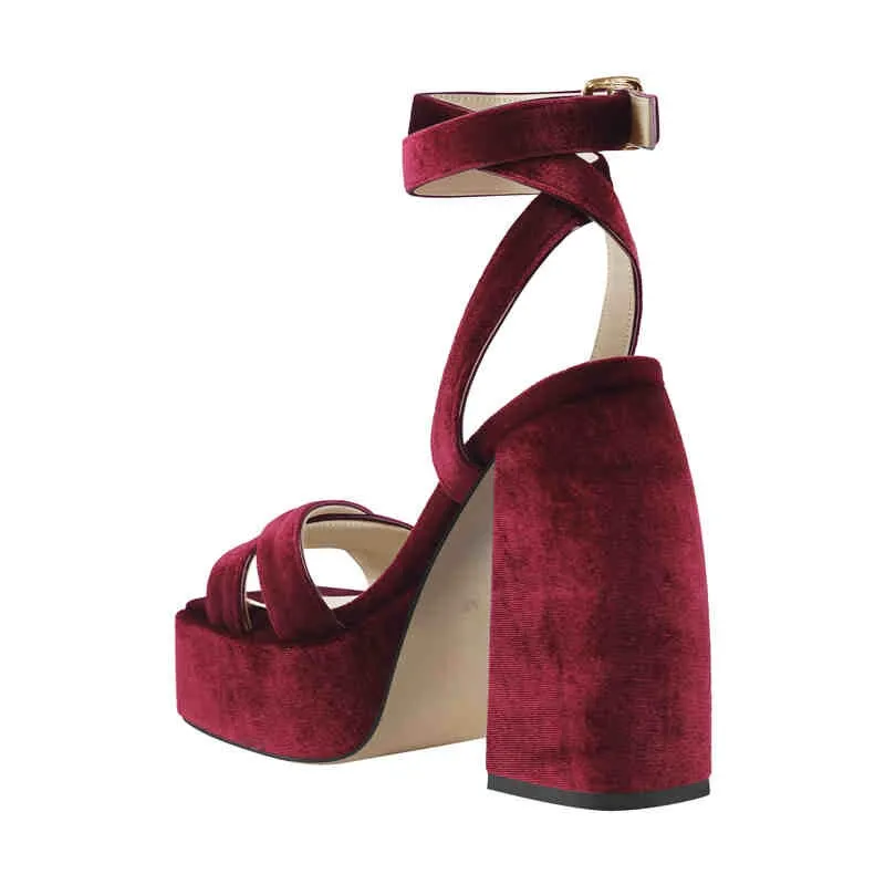 Flock Platform Chunky High Heels Ankle Cross Strap Sandals