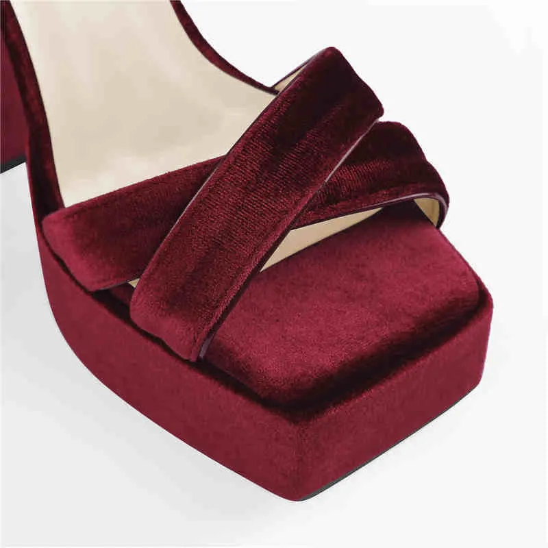 Flock Platform Chunky High Heels Ankle Cross Strap Sandals