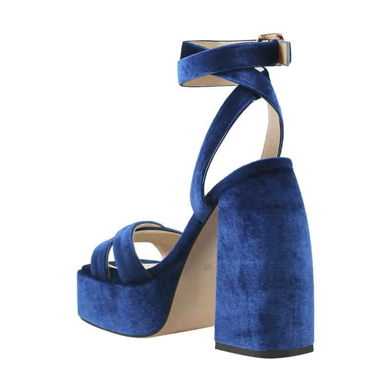 Flock Platform Chunky High Heels Ankle Cross Strap Sandals