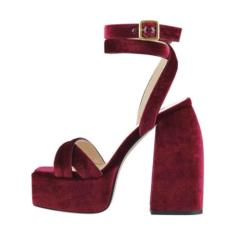 Flock Platform Chunky High Heels Ankle Cross Strap Sandals