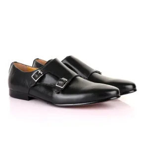 John Mendson Double Monk Strap Plain Black Leather Shoe