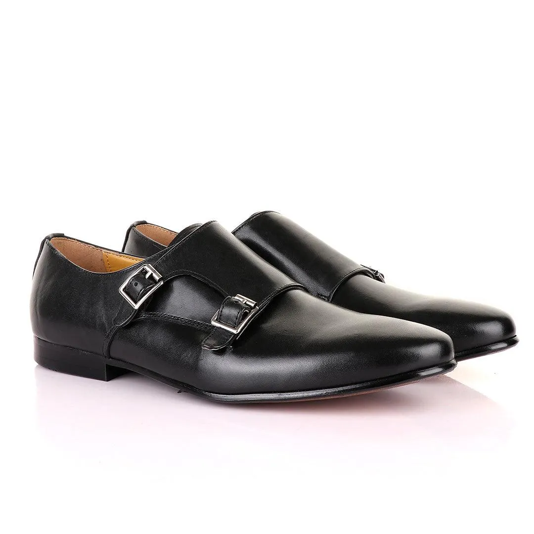 John Mendson Double Monk Strap Plain Black Leather Shoe