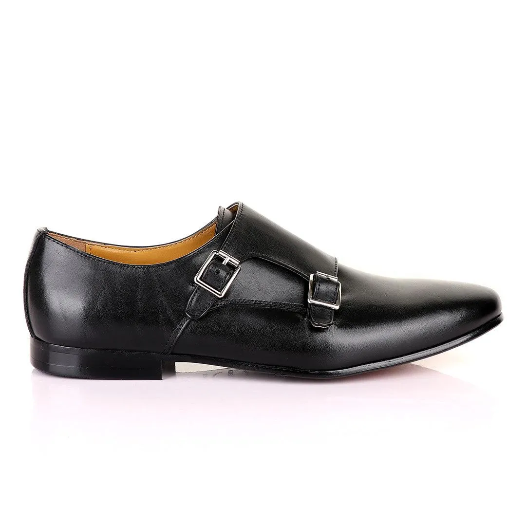 John Mendson Double Monk Strap Plain Black Leather Shoe