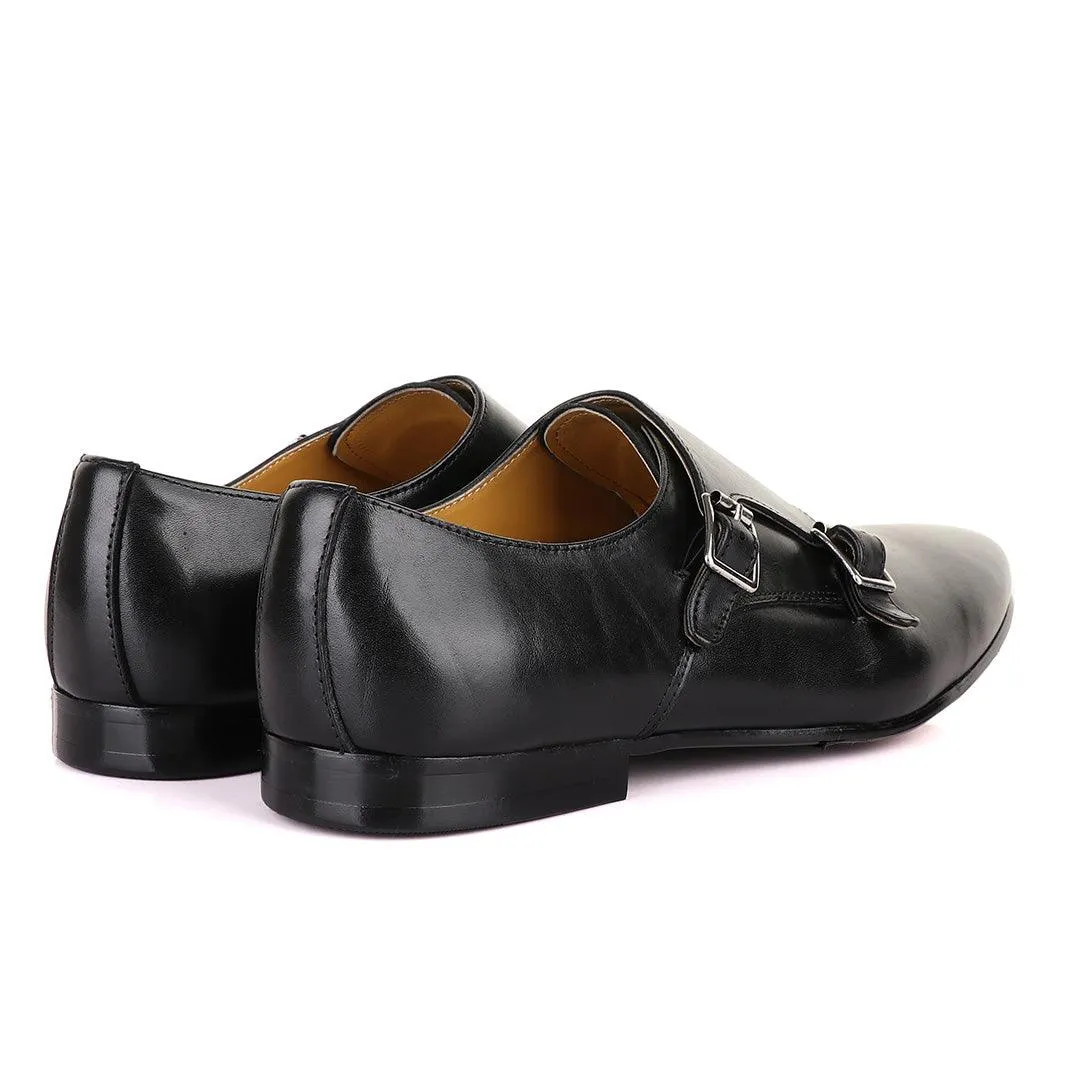 John Mendson Double Monk Strap Plain Black Leather Shoe