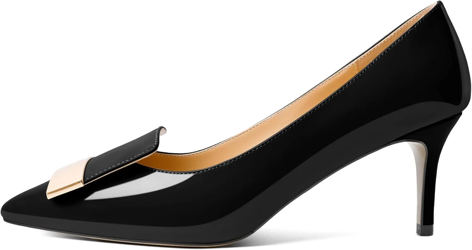Joseywade Women's Low Heel Pumps Kitten Heels Pumps Buckle Pointed Toe Slip on 2.5 Inch Elegant Patent Dressy Shoes