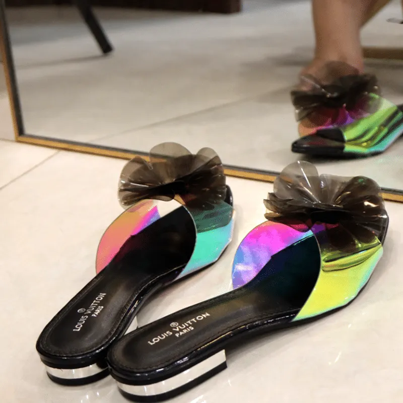 Low Heel Transparent Crystal Sandals, Elegant Floral Style Shoes, Lady Party Club Dress Casual Shoes Slippers #A70-1 #22