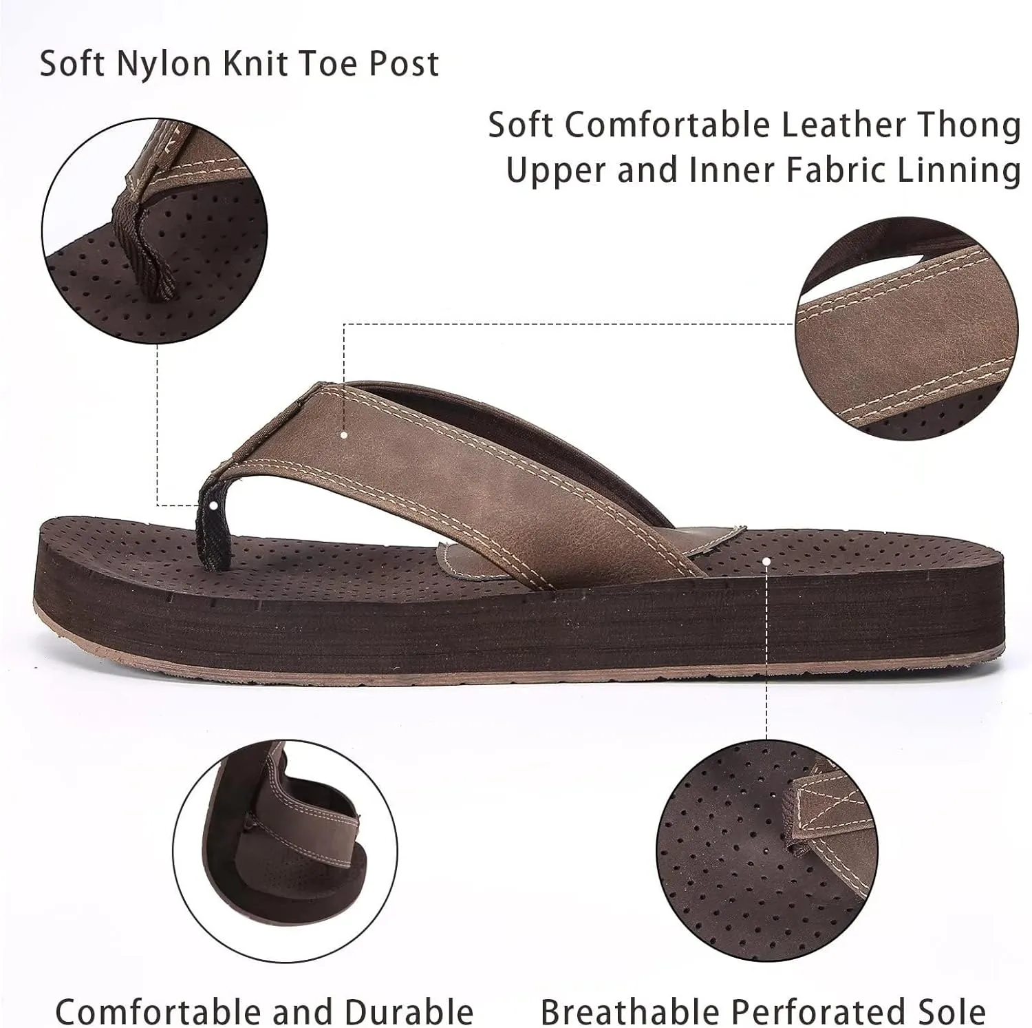 Mens Flip Flops, Waterproof Pool & Beach Essential Summer Sandals with Arch Support,Comfy Flipflops for Men, Comfort Casual Thong Sandals with Soft PU Upper Size 10(Brown)