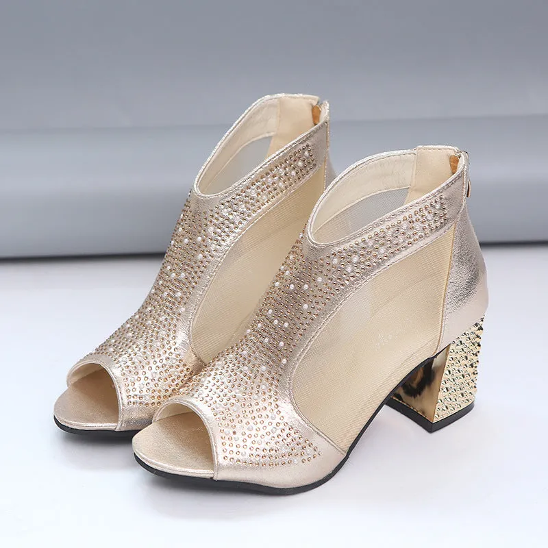 Mesh cut-out rhinestone peep toe block heels sandals