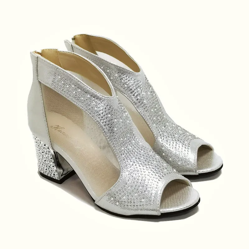 Mesh cut-out rhinestone peep toe block heels sandals