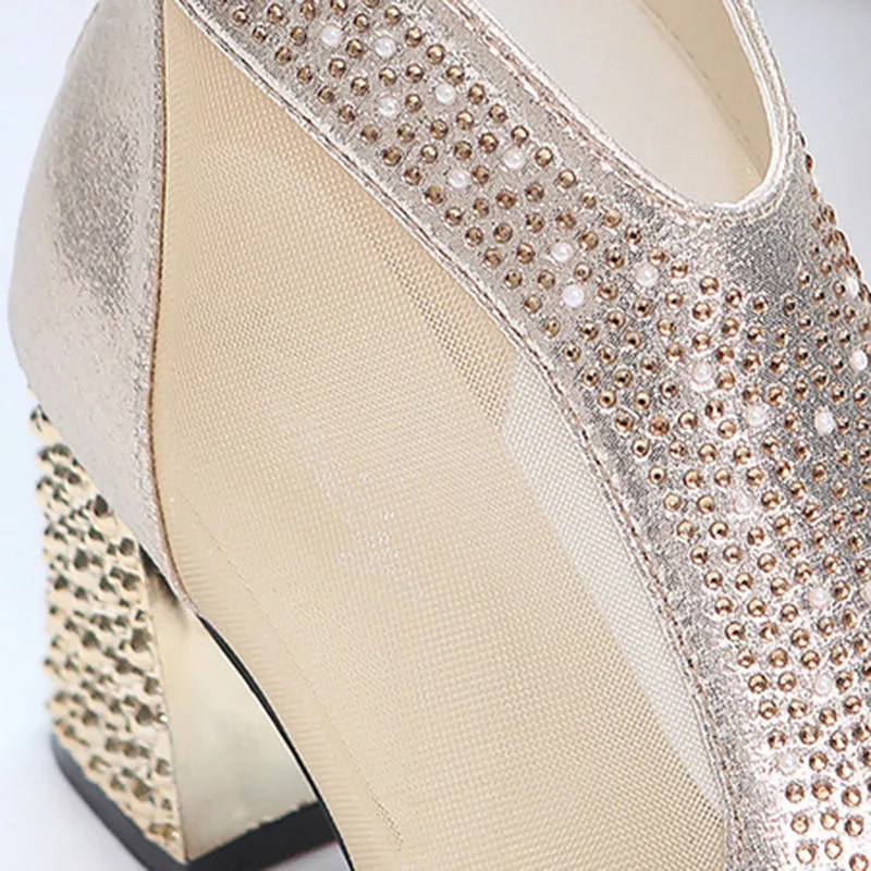 Mesh cut-out rhinestone peep toe block heels sandals