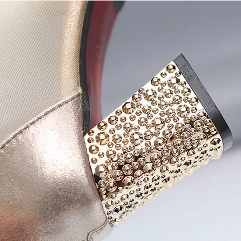 Mesh cut-out rhinestone peep toe block heels sandals