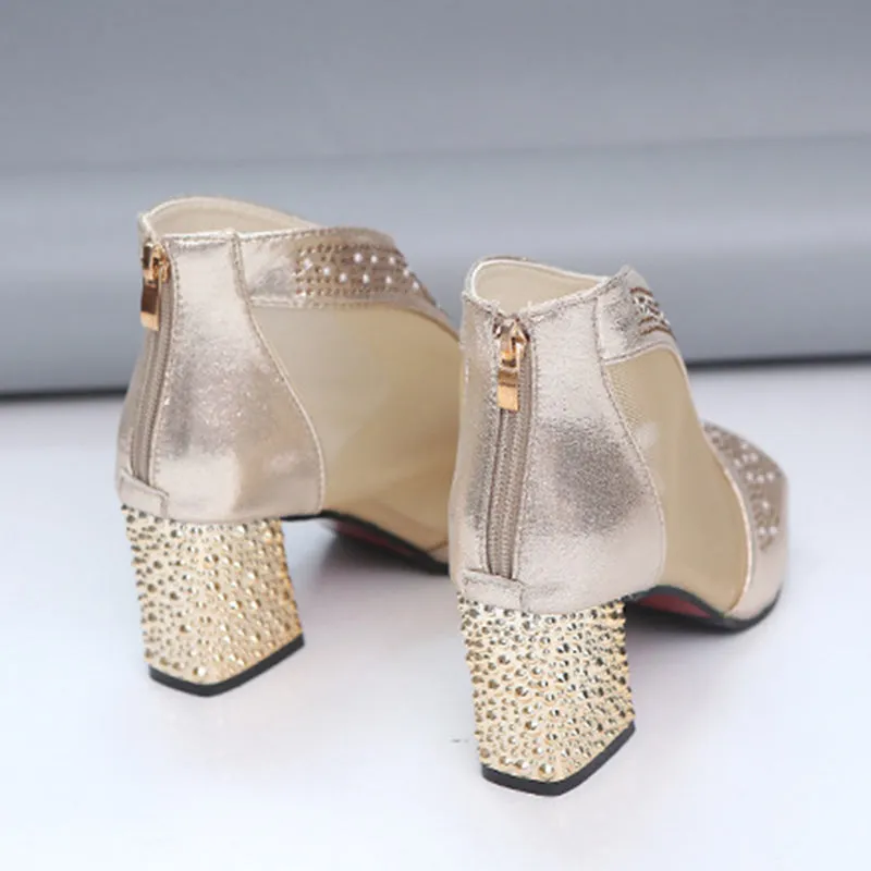Mesh cut-out rhinestone peep toe block heels sandals