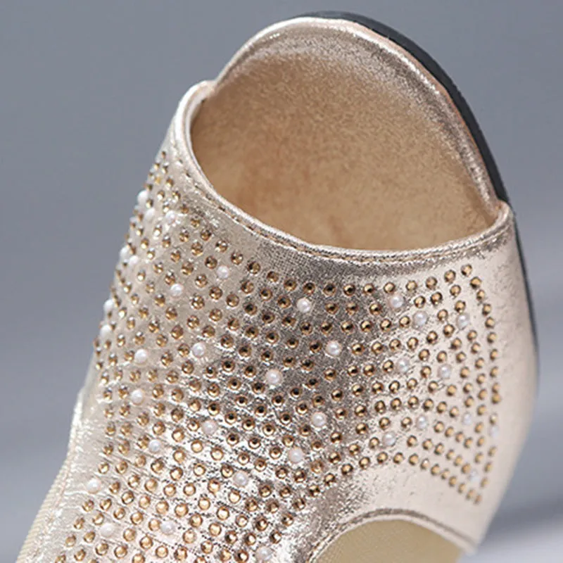 Mesh cut-out rhinestone peep toe block heels sandals