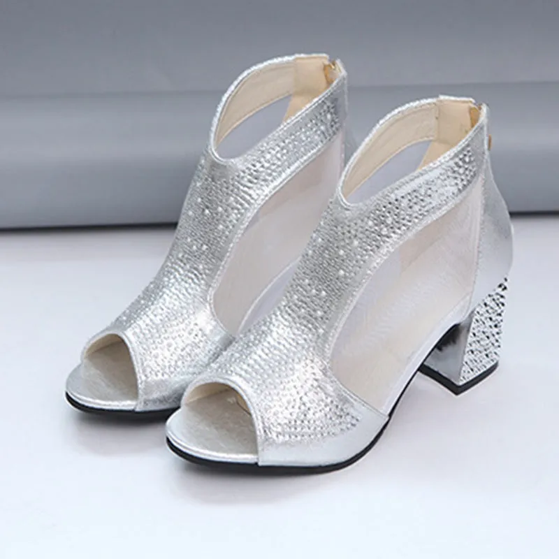 Mesh cut-out rhinestone peep toe block heels sandals