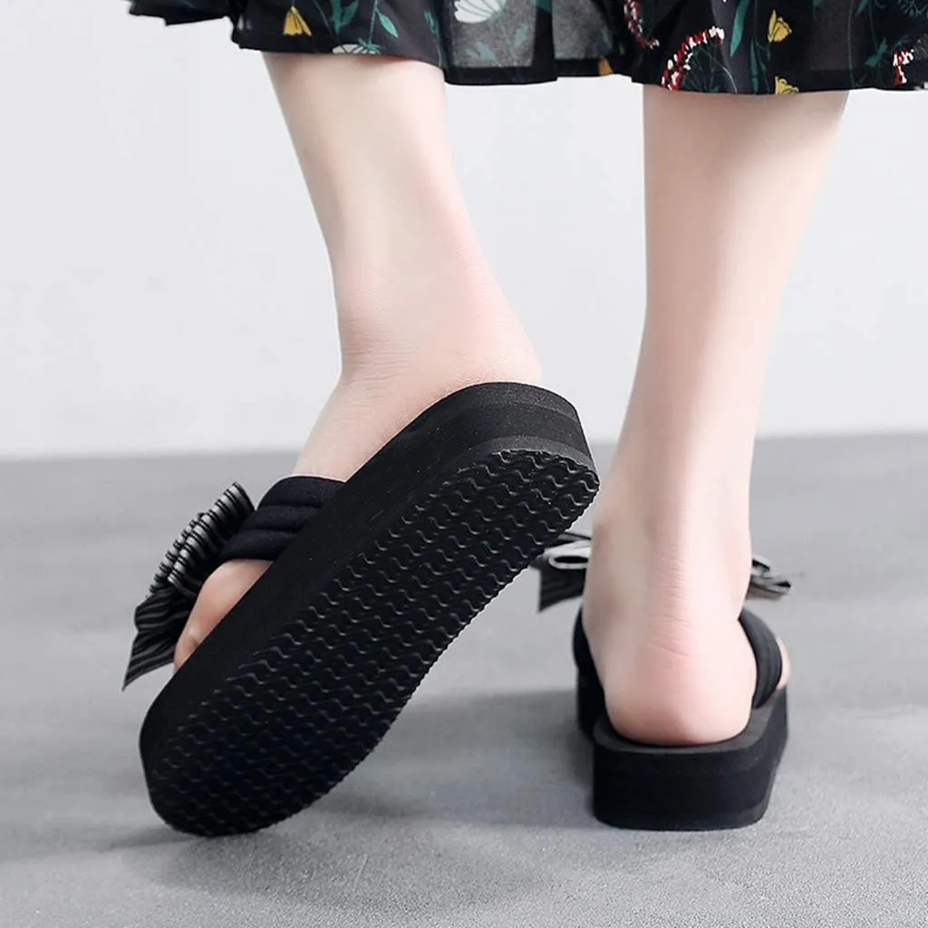 MIOKE Women's Bowknot Wedge Flipflops Sandals Fashion Summer Comfort Nonslip Platform Beach Thong Sandals