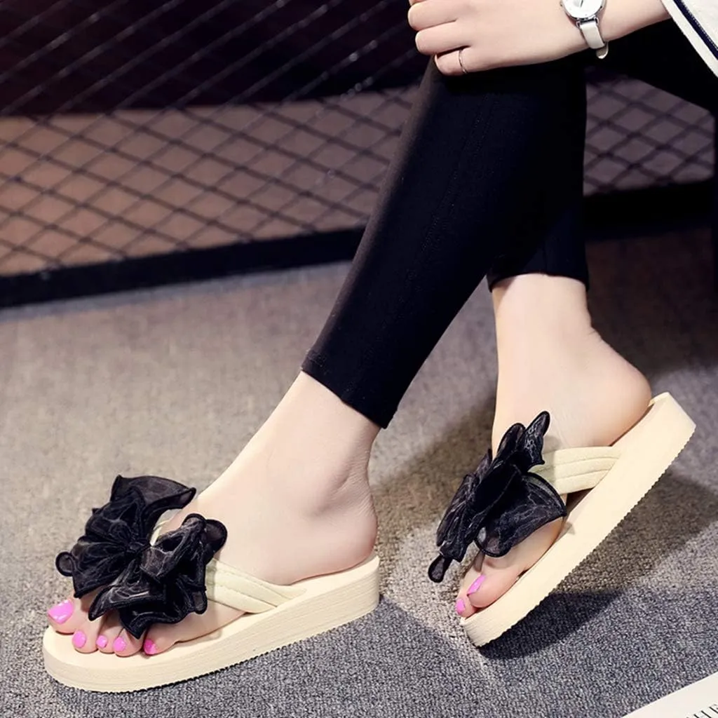 MIOKE Women's Fashion Summer Flat Flipflops Boho Bowknot Comfy Nonslip Platform Beach Slippers Sandals