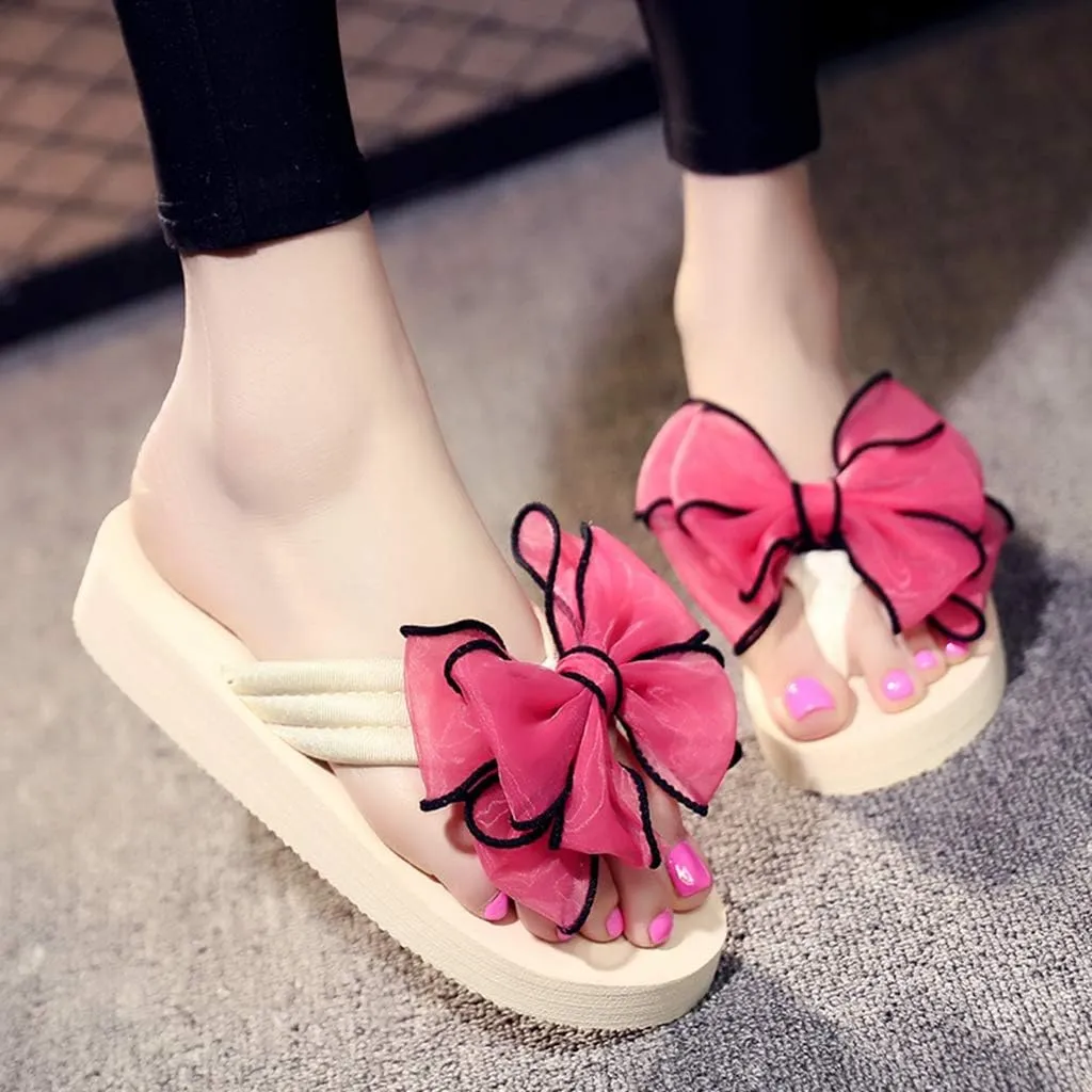 MIOKE Women's Fashion Summer Flat Flipflops Boho Bowknot Comfy Nonslip Platform Beach Slippers Sandals