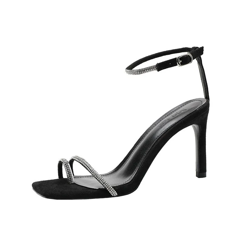 Rhinestone Square Toe High Heels