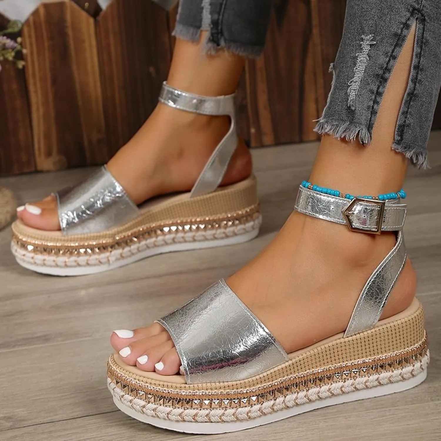 SACFOF Women's Platform Espadrilles Casual Ankle Strap Wedge Sandals Comfortable Dressy Open Toe Buckle Summer Shoes