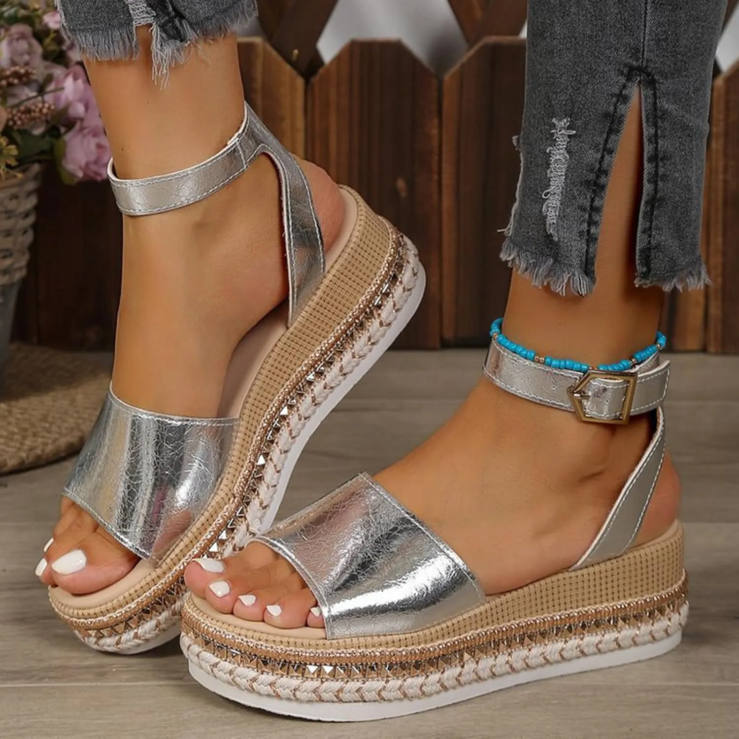 SACFOF Women's Platform Espadrilles Casual Ankle Strap Wedge Sandals Comfortable Dressy Open Toe Buckle Summer Shoes