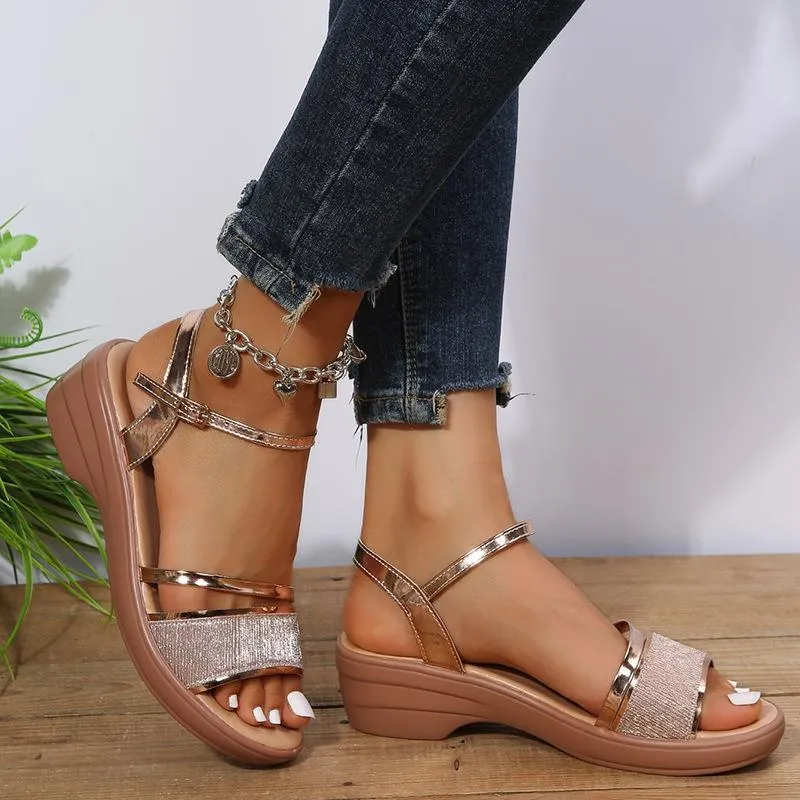 Silver glitter wedge heels sandals with ankle strap