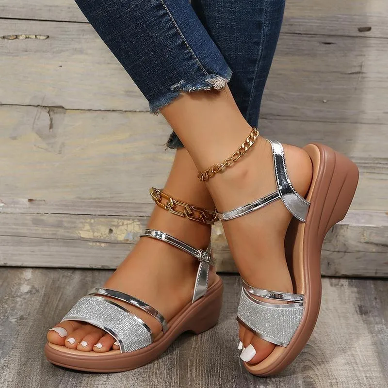 Silver glitter wedge heels sandals with ankle strap