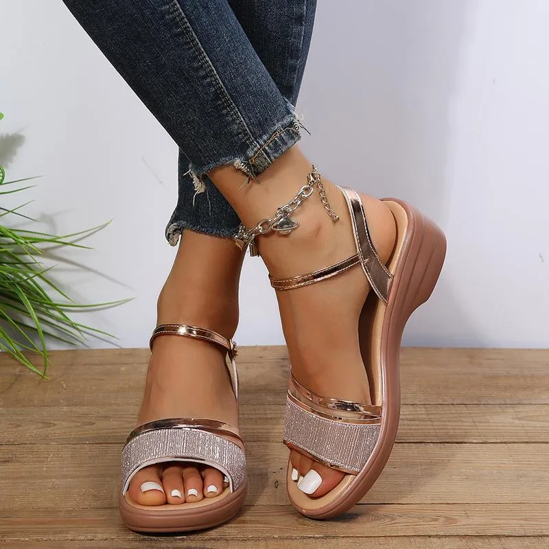 Silver glitter wedge heels sandals with ankle strap