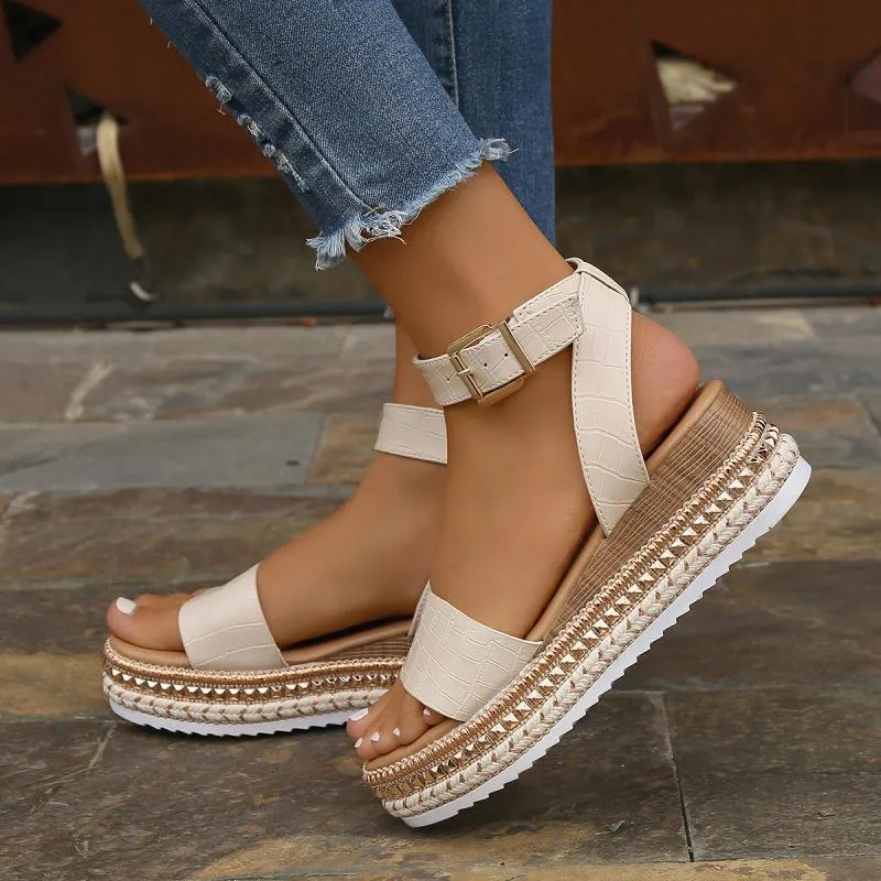 Studded platform sandals espadrille ankle strap hollow wedge sandals