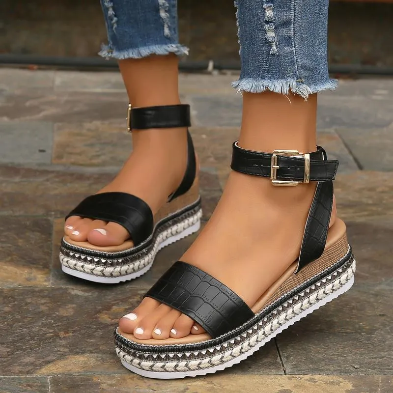 Studded platform sandals espadrille ankle strap hollow wedge sandals