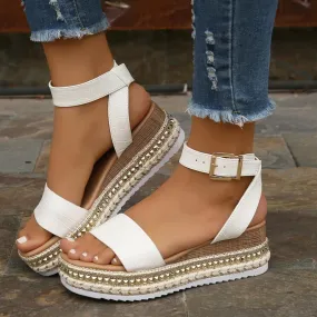 Studded platform sandals espadrille ankle strap hollow wedge sandals