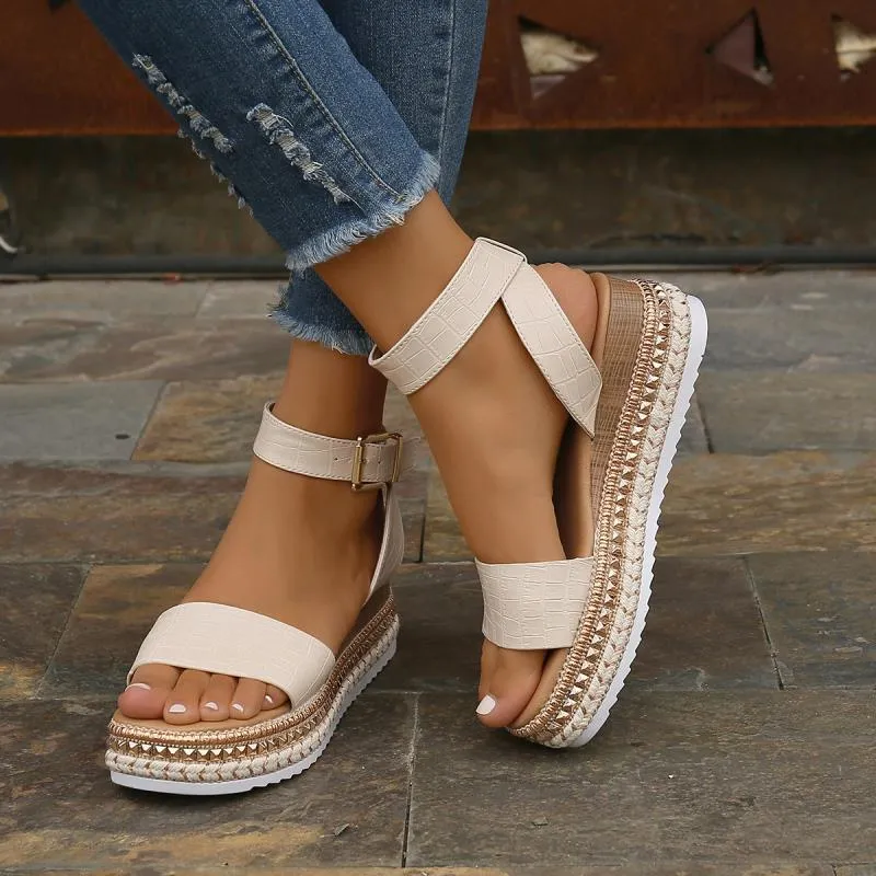 Studded platform sandals espadrille ankle strap hollow wedge sandals