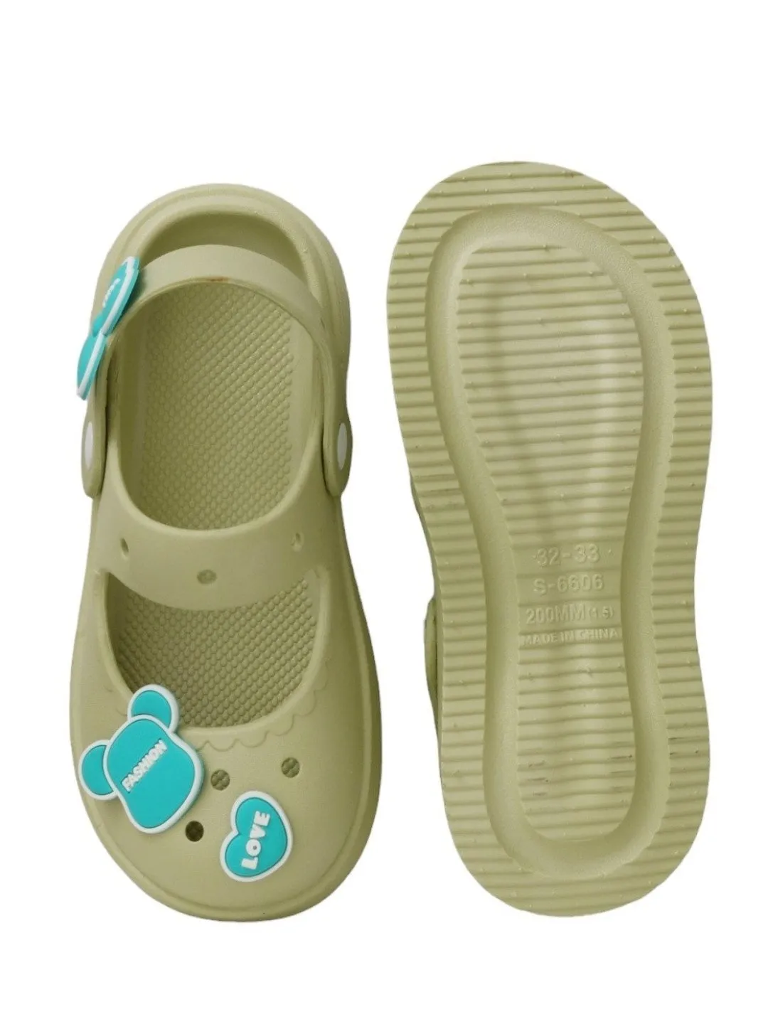 Stylish Green Sandals with Love and Fashion Motifs for Girls