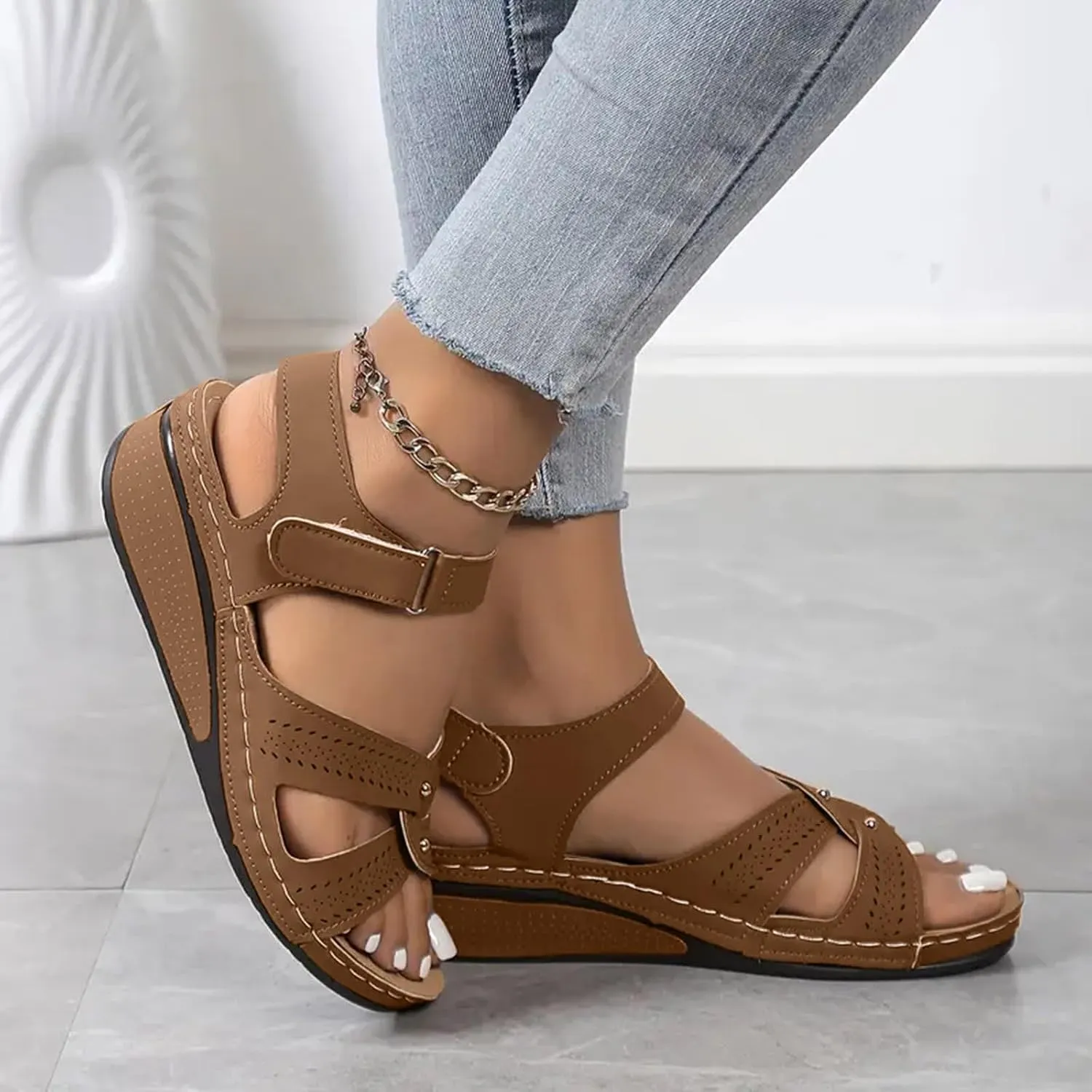 Summer Sandals for Women 2025 Wedge Orthopedic Wide Sandal Soft Stylish Wedges Comfy Leather Orthotic Walking Platform Casual Dressy Sport Ankle Back Strap with Arch Support