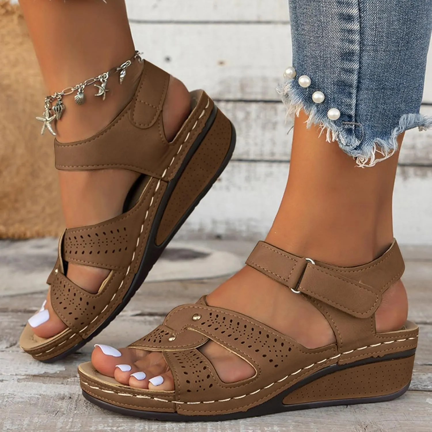 Summer Sandals for Women 2025 Wedge Orthopedic Wide Sandal Soft Stylish Wedges Comfy Leather Orthotic Walking Platform Casual Dressy Sport Ankle Back Strap with Arch Support