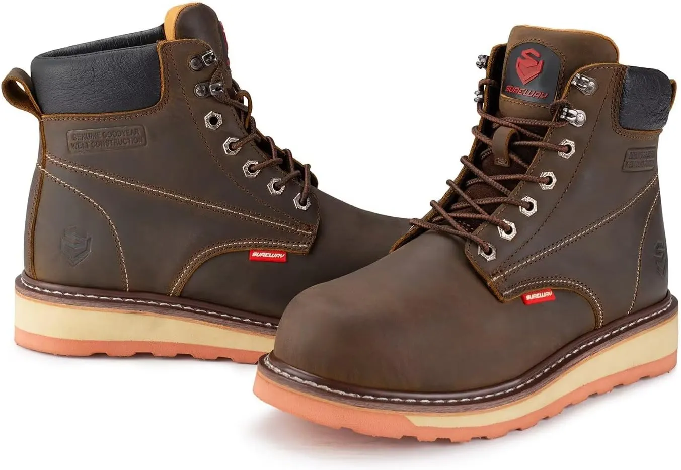 SUREWAY 6 Mens Heavy Duty Soft/Steel Toe Work Boots for Men,Goodyear Welt,Extremely Comfortable Durable Proved,Oil/Slip Resistant,Thicker Leather,Wedge Sole,EH Safety Industrial Construction Boots
