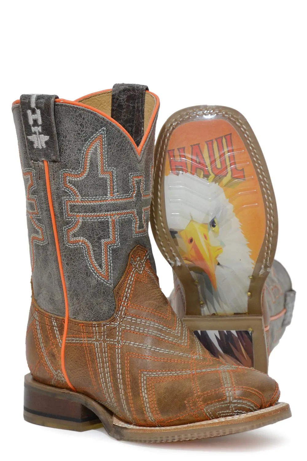 Tin Haul Boys Youth Brown/Grey Leather Keep Me In Stitches Cowboy Boots