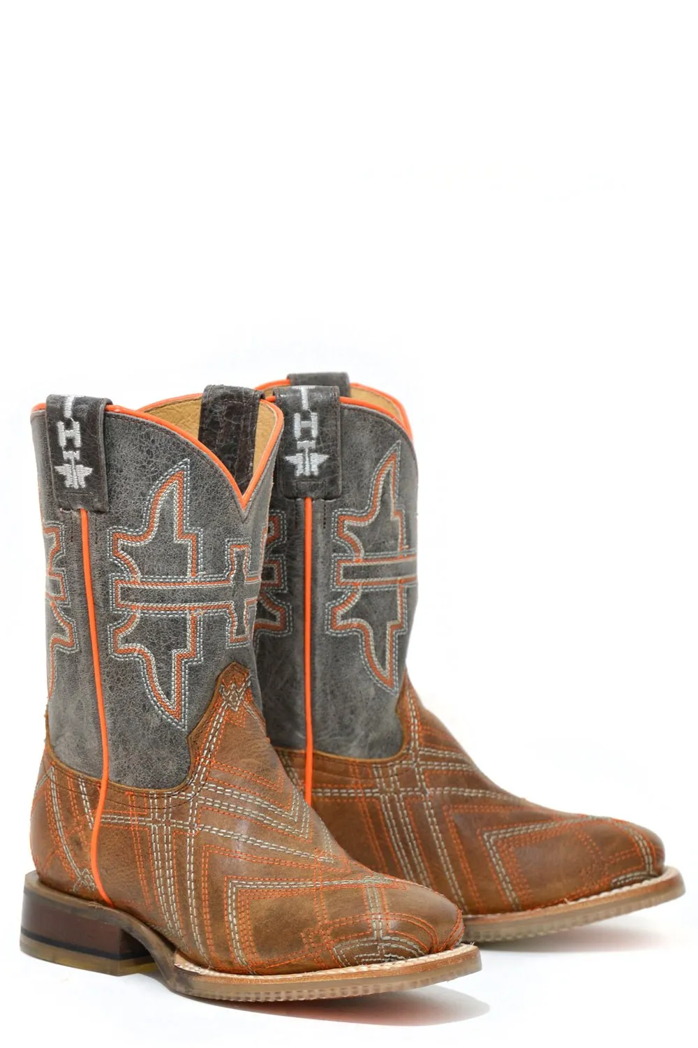 Tin Haul Boys Youth Brown/Grey Leather Keep Me In Stitches Cowboy Boots
