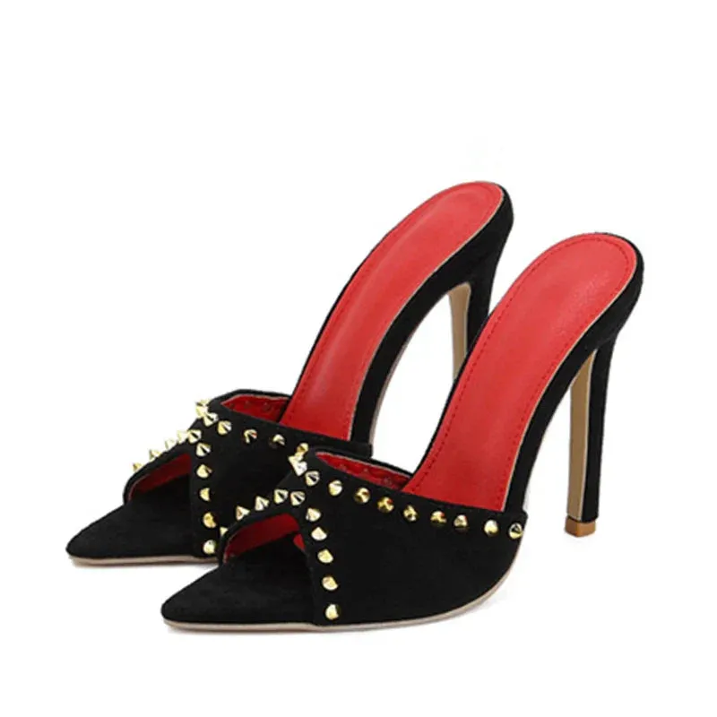 Trendy  Summer Fashion Metal Rivet Designer High Heel Mules High Heel