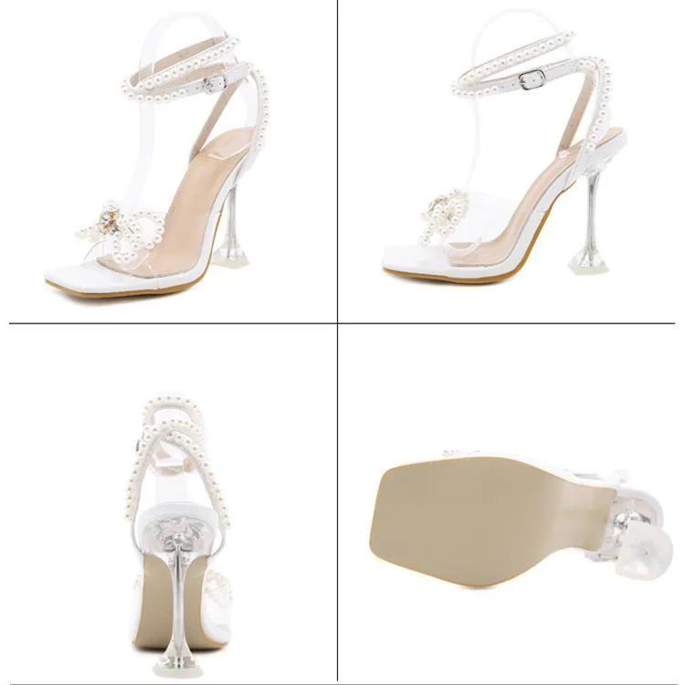 Women clear heel square peep toe bow rhinestone heels