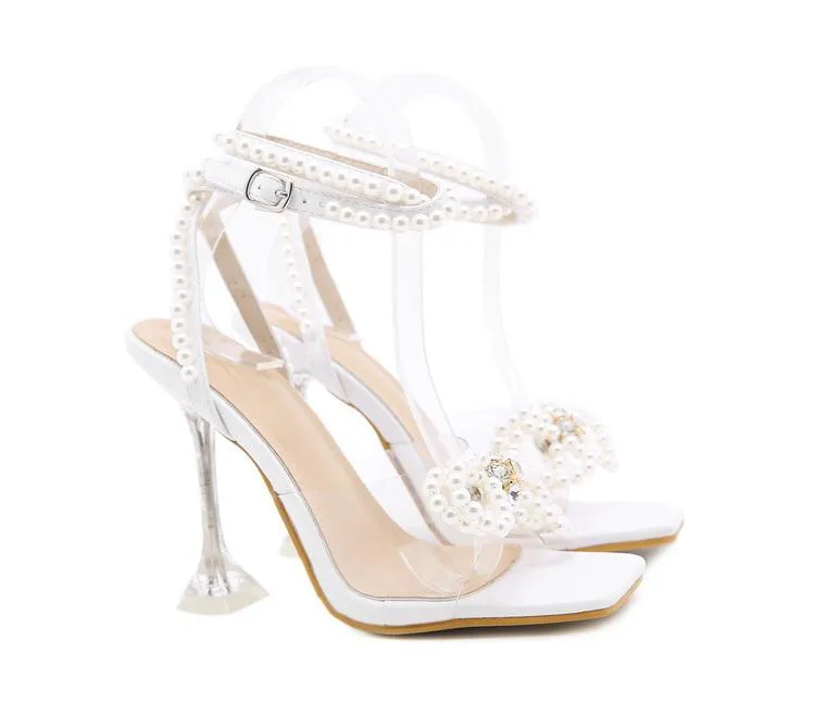Women clear heel square peep toe bow rhinestone heels