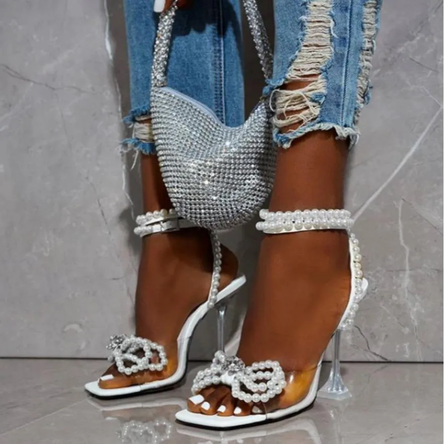 Women clear heel square peep toe bow rhinestone heels