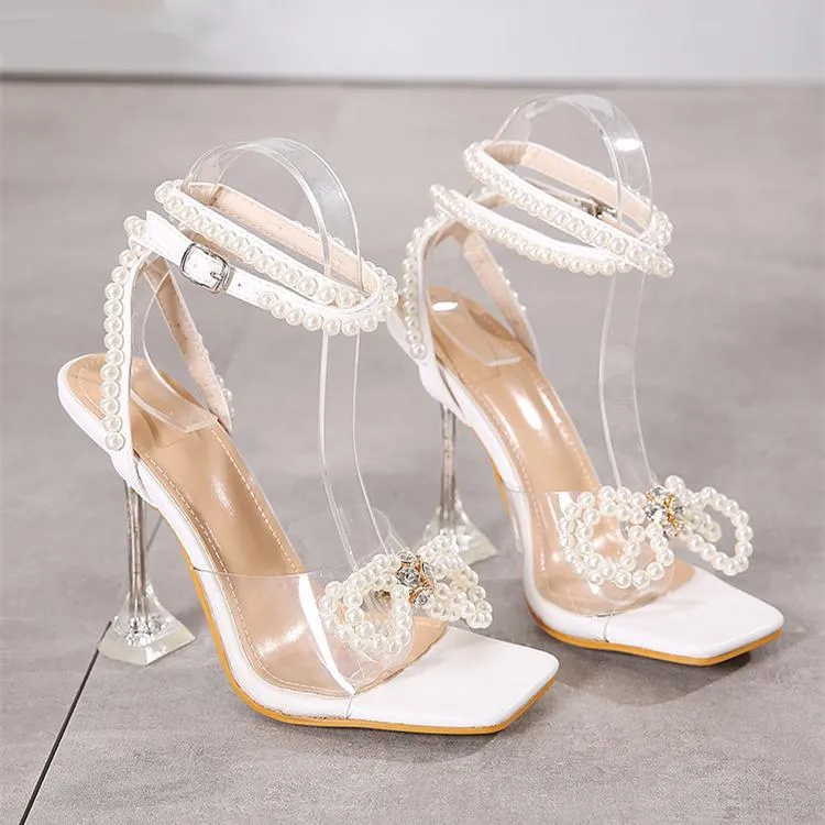 Women clear heel square peep toe bow rhinestone heels