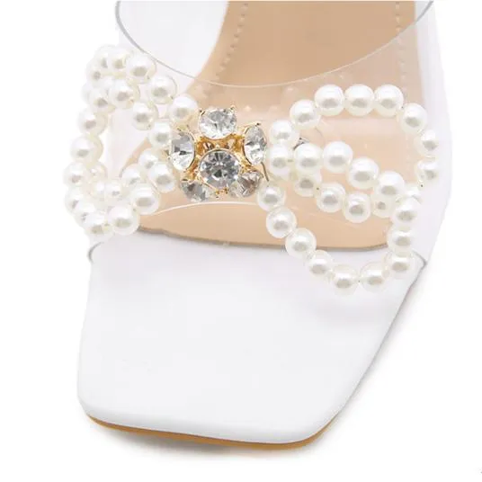 Women clear heel square peep toe bow rhinestone heels
