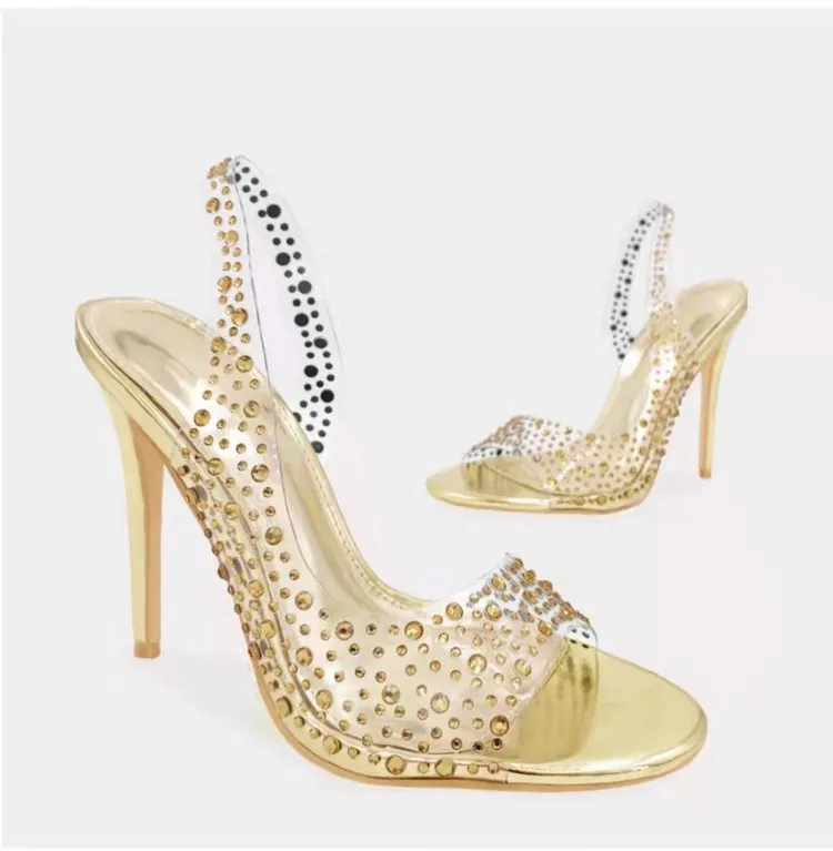 Women clear heels peep toe slingback rhinestone heels