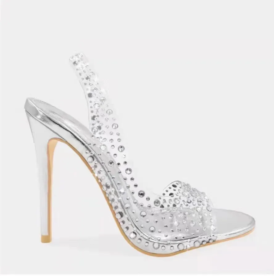 Women clear heels peep toe slingback rhinestone heels