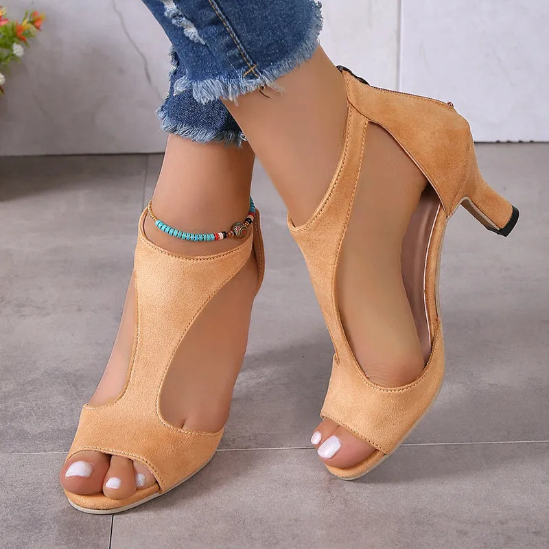 Women kitten heel sandal back zipper hollow peep toe sandals