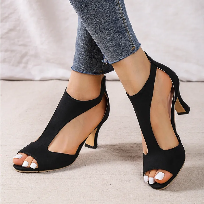 Women kitten heel sandal back zipper hollow peep toe sandals