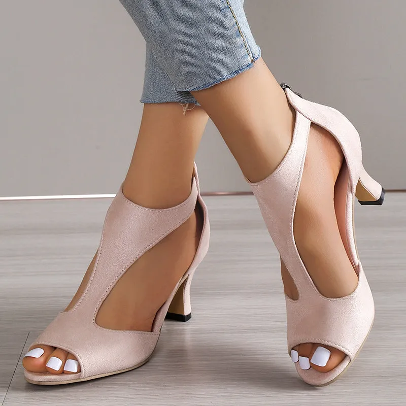 Women kitten heel sandal back zipper hollow peep toe sandals