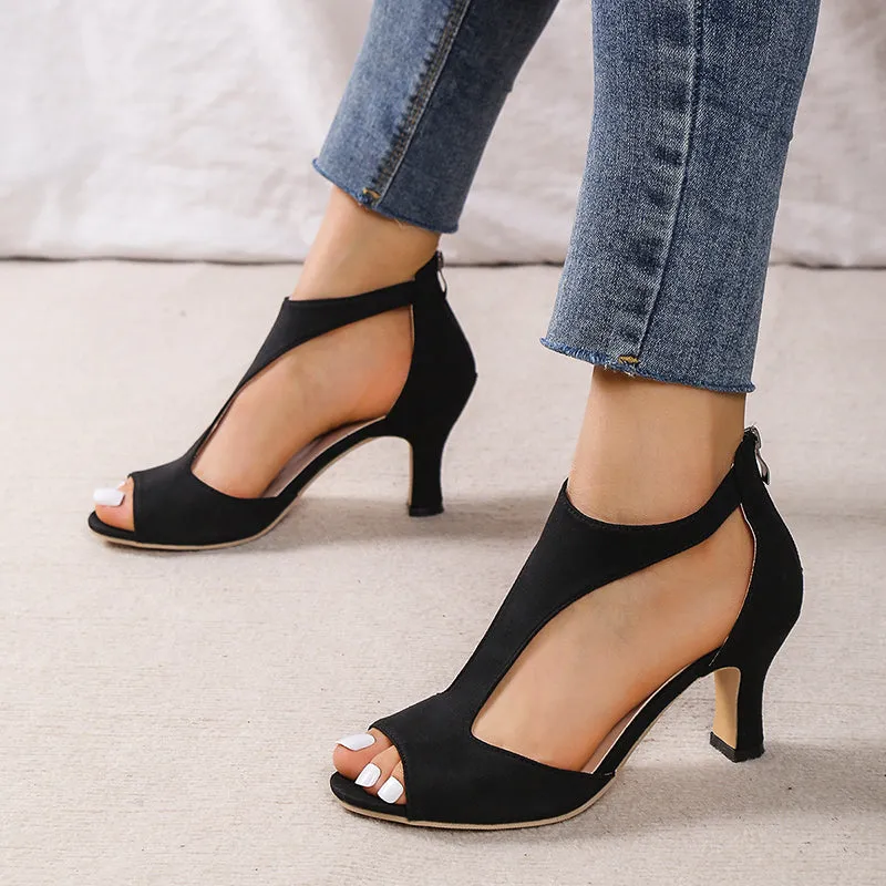 Women kitten heel sandal back zipper hollow peep toe sandals