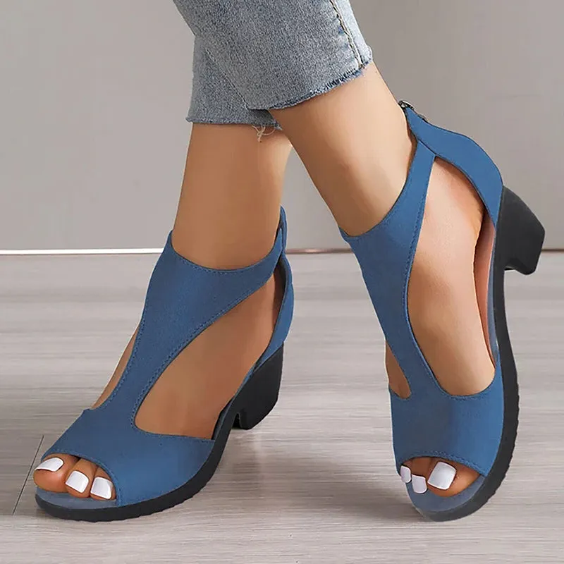 Women kitten heel sandal back zipper hollow peep toe sandals